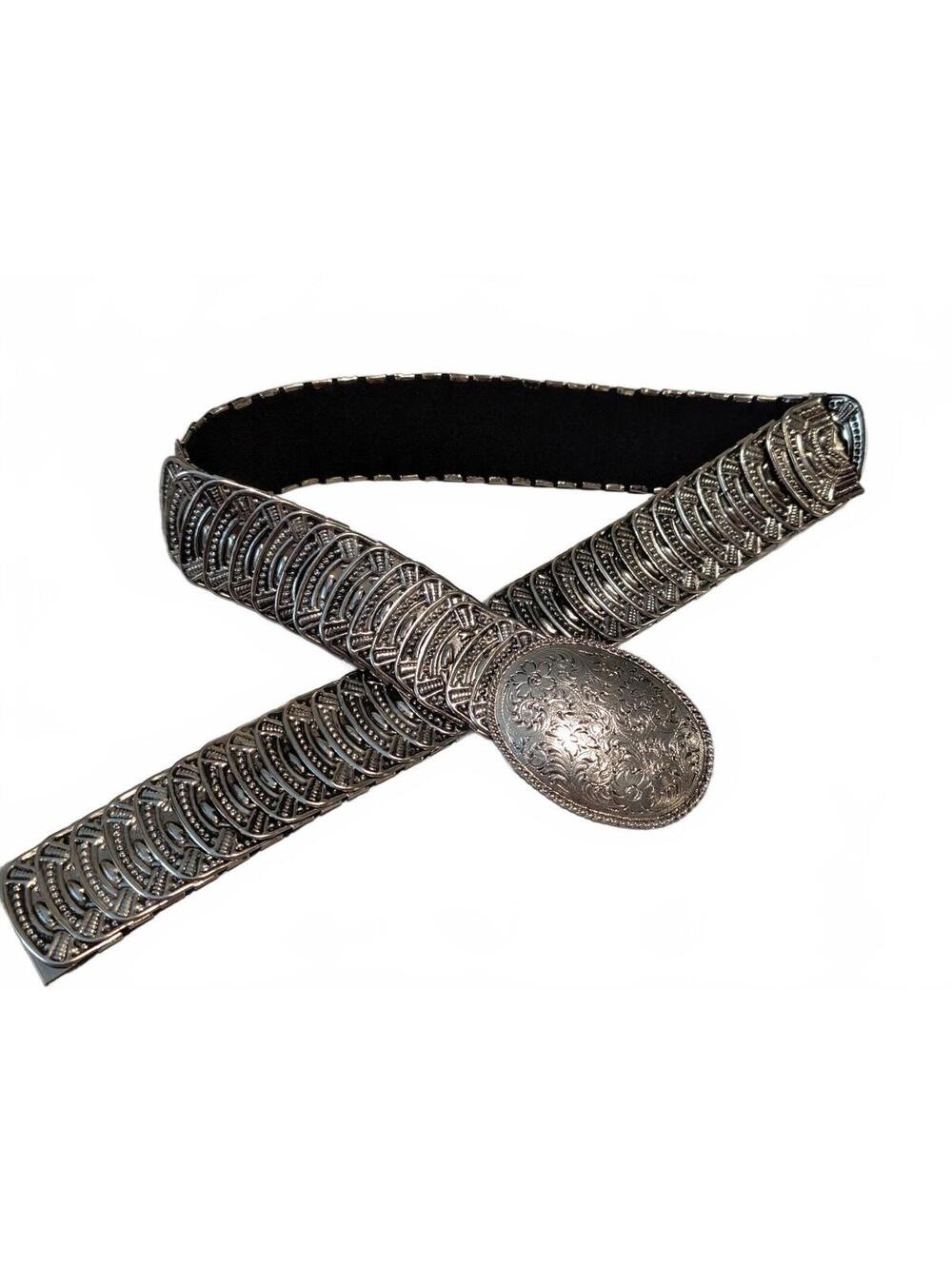 Vintage Silver Tone Metal Stretch Belt with Ornate Design
